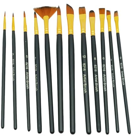 Set di 12 pennelli per acquerello, colore nero, in acrilico, con setole sottili, set per Acquerello, Olio e Gouache, Setole in Nylon di Alta Qualità, Ideale per Artisti, Principianti e Bambini