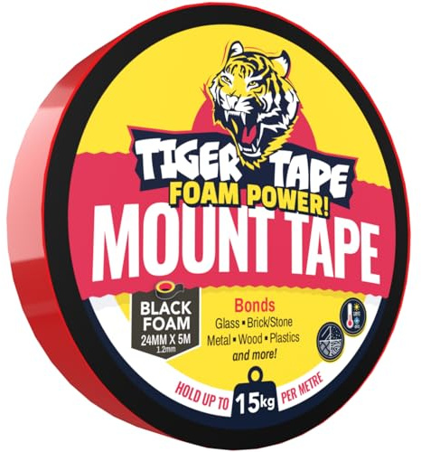 Tiger Tape® Wall Mount Tape | Double Sided Waterproof Mounting for Glass, Metal, Timber, Plastics & More | Indoors and Outdoors. No Screws, Nails, or Glue Needed | Black, Permanent 24mm x 5m