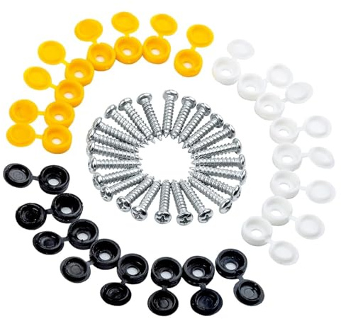 EU AUTO PARTS X Number Plate Fixing Kit – 12 Screws & Hinged Caps – Black, Yellow, White – Car License Plate Fitting Set – OEM Quality