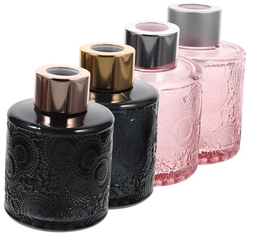 MUELODSIC 4pcs Embossed Glass Scented Sticks Holders with Perfume Containers for Aromatherapy Home Decor Refillable Diffuser Bottles in Pink and Grey Elegant Dry Flower Display Random Color