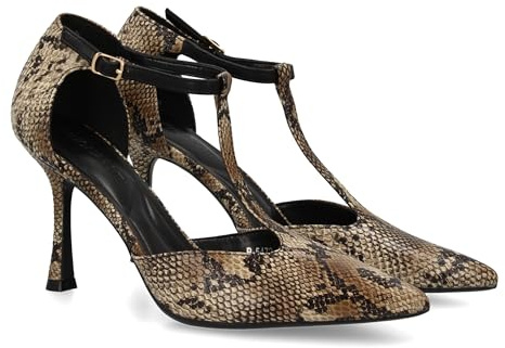 shoes&blues.es 94900 Stiletto de Tacon Fino Diseno Elegante. Zapato de Salon con Tacon Alto y Punta Fina con Hebilla y Diseno en T. Ideal Otono Invierno. Beige Talla 39