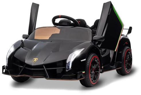 Euker Lamborghini Kinder-Elektroauto 12V mit 2 Motoren & Fernbedienung für Kinder 3-8 Jahre – Inkl. Hupe, Bluetooth-Musik, USB und Vorwärts-/Rückwärtsfahrt (3-7 km/h), für Kinder ab 3 Jahre (Schwarz)