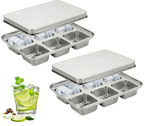 Uppsättning av 2 isbitsbehållare med lock, rostfritt stål iskubsform 6 fack stor, isbitsform i rostfritt stål 210 ml, rostfritt stål iskub för cocktail, frys, whisky, choklad