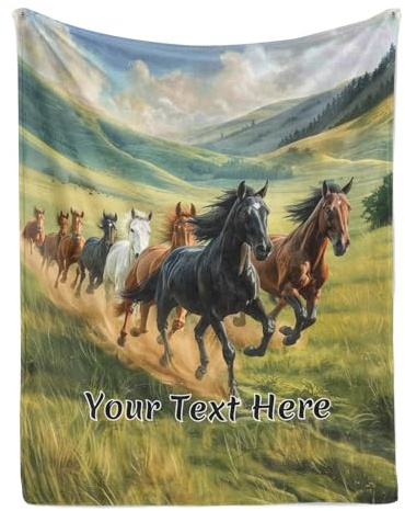 Personalized Horses Blanket with Name, Galloping Running Horse Soft Decorative Flannel Throw Blanket for Bed Couch, Birthday