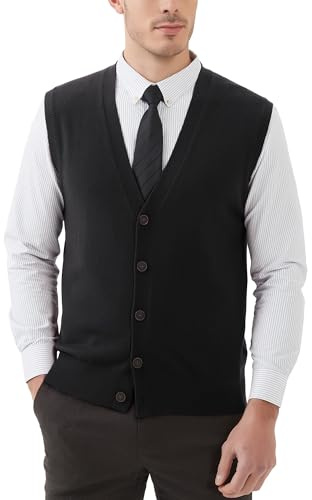 Kallspin Gilet Cardigan da Uomo con Scollo a V e Bottoni in Misto Lana（Nero，L）