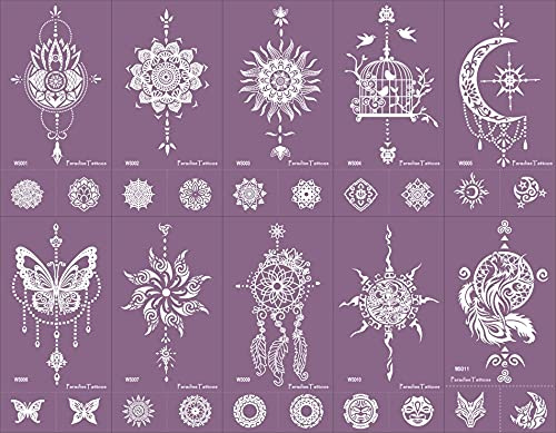 Plantilla de tatuaje con diseño de atrapasueños, mandala, mariposa, reutilizable, 10 hojas, color morado