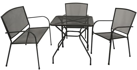 DEGAMO Gartengarnitur Classic 4-teilig, bestehend aus 2X Stapelsessel, 1x Bank für 2 Personen und 1x Tisch 70x70cm quadratisch, Streckmetall anthrazit beschichtet