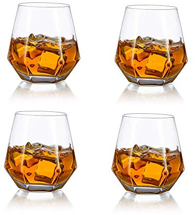 Glasseam Diamant lutat whiskyglas på 300 ml med modern look för män, kvinnor, pappa, make, vänner. Dricksglas för bourbon, rom och bar