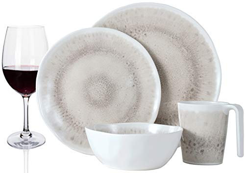 Melamin camping porslins-set för 4 personer. Anvil design ,16 delar + glas, vattenglas, vinglas, champagne-glas, servis, picknick, BBQ, köksredskap. 16 st. Porslin + 4 rödvinsglas