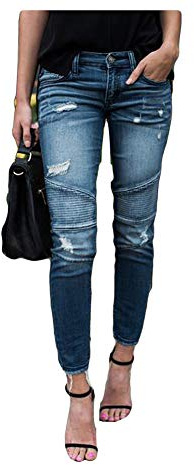 Femme Jeans Déchiré Push Up Taille Haute Skinny Slim Fit Stretch Boyfriend Denim Jean Troué Pantalons Jeggings Pants Casual Rétro,Bleu,L