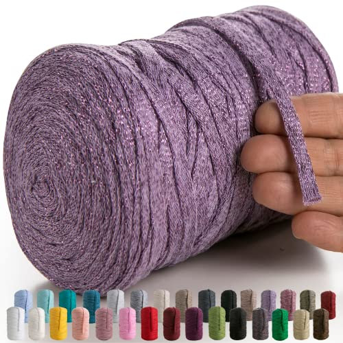 MeriWoolArt® Makramee Textilgarn zum Häkeln und Stricken - DIY glitzern flache T-Shirt Band Garn Dicke 10 mm, 125 m - Recyceltes Baumwollgarn mit Lurex, Viscose (Lurex Lavender)