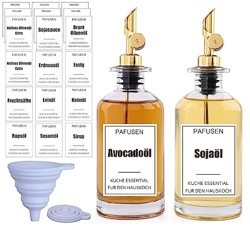 Pafusen 2 Packung Ölflasche, Essig und Ölflaschen Set für Küche, Olivenöl Flasche, Ölspender, Kaffeesirup, Ölsprüher, Sprühflasche für Speiseöl mit 20 Aufkleber, Trichter, 350ml, Gold Ausgießer