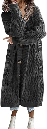 Cardigan long pour femme - En tricot épais - Avec boutons - Manches longues - Décontracté - Chaud - Épais - Vêtement d'extérieur, gris, XXL
