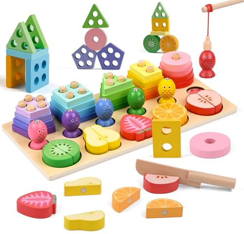 Giocattoli per Bambini Montessori, Forme Geometriche Ordinamento e Impilamento Block Board con Gioco di Pesca,Puzzle Educativi in ​​Legno Regalo per Ragazzi Ragazze Bambini dai 3 anni in su (B)
