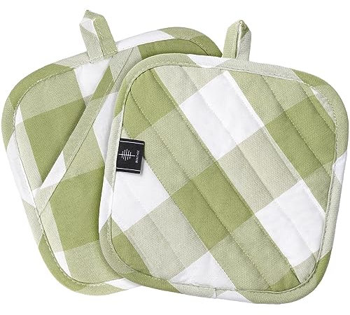 BONTHEE Lot de 2 maniques pour cuisine résistantes à la chaleur pour comptoirs, maniques en coton pour cuisine, pâtisserie, carreaux verts