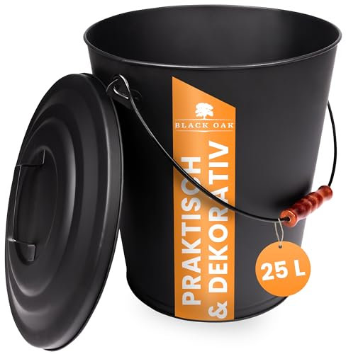 BLACK OAK Secchio per cenere Santorini, 25 l, nero con coperchio, XXL, extra grande, 25 litri, in acciaio zincato a prova di fuoco, verniciato a polvere, cenere e carbone, accessorio ideale per