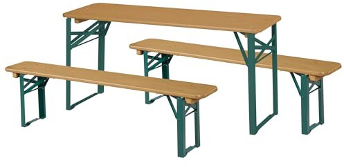 roba Outdoor Party-Garnitur für Kinder - Kindersitzgruppe aus FSC zertifiziertem Holz - 2 Bänke + 1 Kindertisch - Klappbare Sitzgarnitur ab 24 Monaten - Natur/Grün