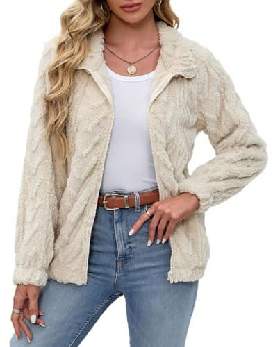 BesserBay Giacca invernale da donna, in pile Teddy, calda, con chiusura lampo, S-XXL, Freccia beige, XXL