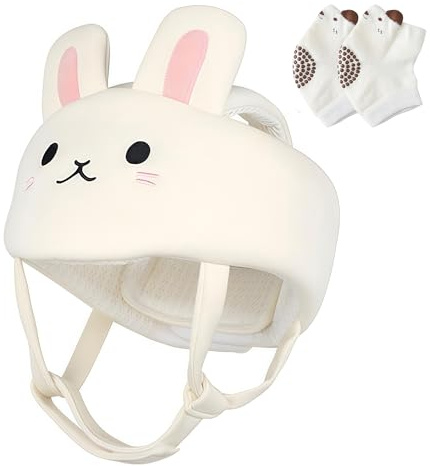 Babyhjälm för krypande promenader – mjukt och lätt babyhuvudskydd med justerbara remmar, 360° skydd för småbarn, söt kaninöronsdesign, perfekt babyskydd för höst och rygg