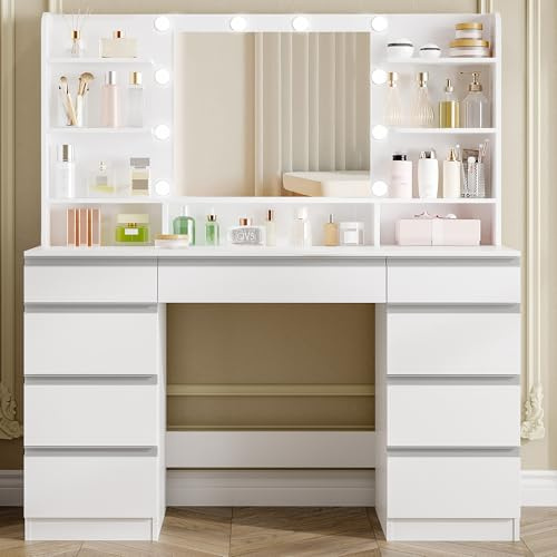 Hzuaneri Dressing Table with Bulb Light, Vanity Desk with 1 Large Drawer and 8 Small Drawer Cabinets, Adjustable Brightness, Large HD Mirror, 9 Open Storage Areas, 108 cm Desktop, White DT35703W