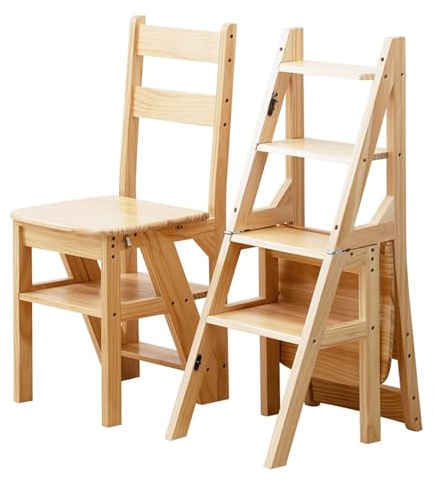 Escalera plegable de madera maciza, taburete convertible para oficina, hogar, cocina, al aire libre, diseño portátil y que ahorra espacio