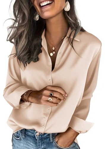 Zeagoo Satin Blouses for Women Silk Button Down Shirts Long Sleeve Business Casual Tops Champagne