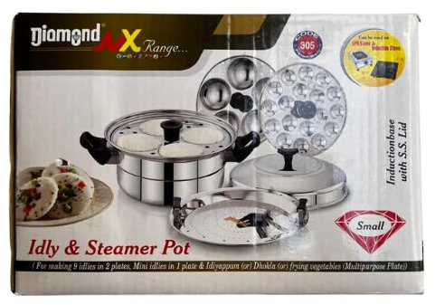 DIAMOND Idly Maker with Steamer, 9 Pits Mini Idli Plate, Stainless Steel, Gas & Induction Compatible