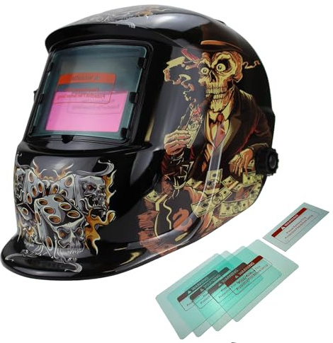 XTRM Auto Darkening Welding Helmet Hi-Tech Grinding CE Approved Solar Power Function Professional Protective Gear Welding Tig Mig Arc Welders Mask Helmet + 5 Lens (Gangsta, One)