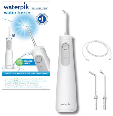 Idropulsore Dentale Waterpik Cordless Pearl, Irrigatore Orale Portatile e Ricaricabile, Rimuove i Residui tra i Denti, Elimina la Placca, Impermeabile, Ideale per Viaggi e Bagni Piccoli, Bianco