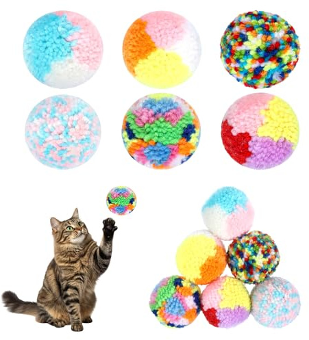 Quilax 6 Pcs Cat Pom Pom Balls, 1.6 Inch Rainbow Fuzzy Cat Toys Balls for Pet Training, Interactive Cats Ball Toy for Indoor Cats Kitten Exercising Playing Entertainment