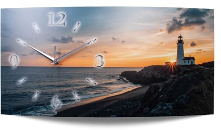 Kreative Feder „Leuchtturm“ Designer-Wanduhr mit leisem Funkuhrwerk – Handarbeit Made in Germany (WA101, 50x25cm leises Funkuhrwerk)