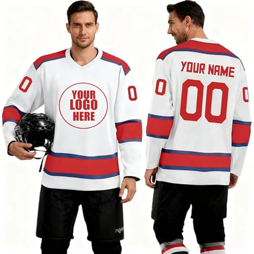 Maillot de hockey sur glace personnalisé avec nom, numéro et logo d’équipe – Haut à manches longues pour homme,ado et famille,Tenue de hockey glace sur mesure pour garçons, adultes cadeau (Rouge-Bleu)