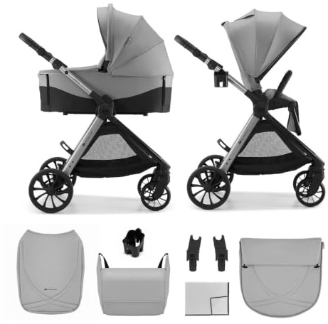 Kinderkraft VESTO 2 Kombibarnvagn, 2-i-1, buggy och babybadkar, från födseln upp till 22 kg, dubbelsidig sitsenhet, vikbar självställning, fjädringning, resesystem, grå