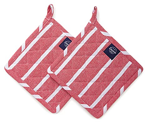 Encasa XO 21 cm Oven Microwave Potholders (2 pc Set) for Kitchen Cooking & Baking - Heat Resistant, Thick & Safe, Protection of Hands from Hot Utensils - Roma Red Stripes