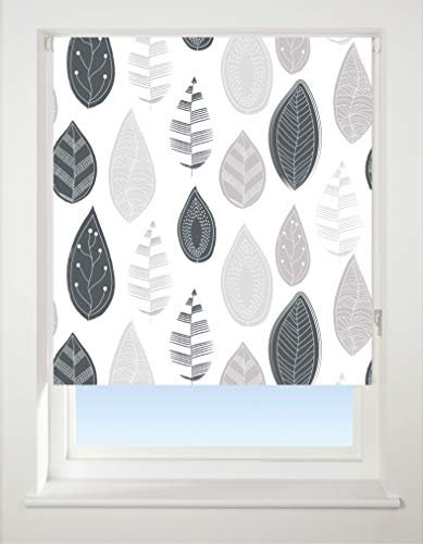 Blackout Roller blind, Leaf Grey pattern, 120cm Wide x 170cm Drop
