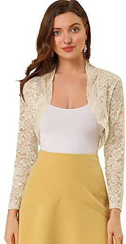 Allegra K Women's Elegant Crop Cardigan Sheer Floral Lace Bolero Shrug Top Small Khaki
