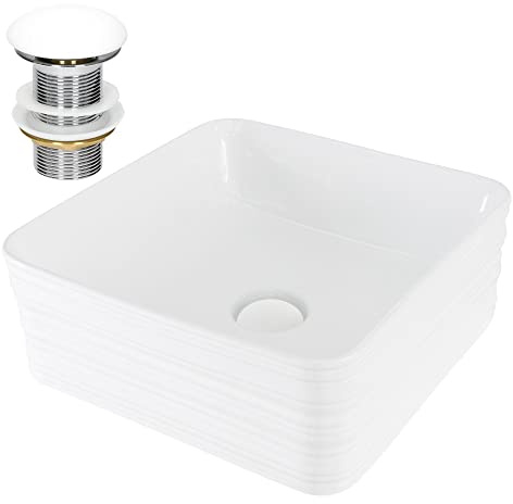 ML-Design Handfat i keramik vitt 39 x 39 x 15 cm fyrkantigt med avloppsdekor, modernt toppmonterat tvättställ, designtvättställ, tvättställ, tvättstuga, handtvättställ, för badrum/gästtoalett