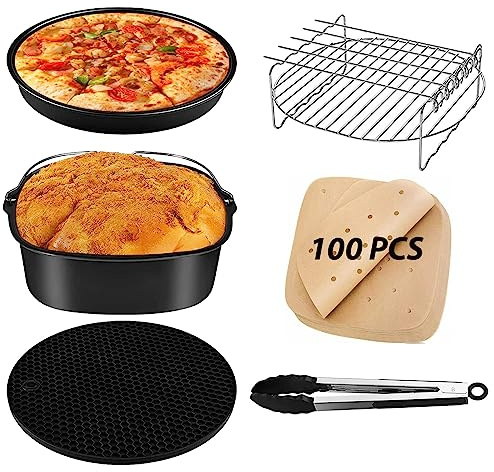 Accesorios para freidoras sin aceite son adecuados para la freidora de COSORI 5,5L, Molde para respostería, Bandeja para pizza, Estera de silicona, papel para freidora, pack 6 para Accesorios freidora