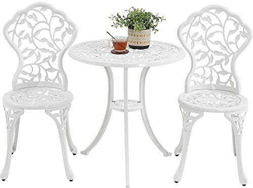 Yaheetech 3-Piece Bistro Dining Set, Aluminium Table & Chairs, White | All-Weather Sturdy Frame | Patio Furniture Set | Antique Leaf Design | Stylish Decor for Balcony, Garden & Porch