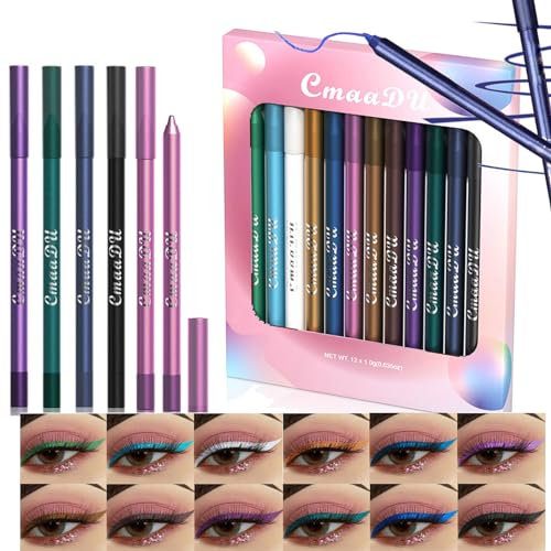 RoseFlower Couleur Crayon Eye-liner, 12 Ensemble d'crayon yeux waterproof, Eyeliner étanche, Stylo Eyeliner Coloré Imperméable à L'eau Crayon Mat, Crayon Yeux Vert Marron Blanc Yeux Metallic Violet