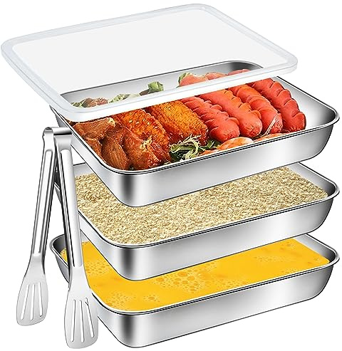 Akamino 3 bandejas de empanado de acero inoxidable, sartén grande de 10.4 x 7.7 x 1.9 pulgadas con tapas y pinza para dragar pechugas de pollo y marinar carne, bandejas de preparación de alimentos