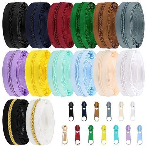 DOITEM 30.5 Yards/ 28 m 14 Pcs Assorted Colors #5 Nylon Coil Zippers, Sewing Zippers Endless Zips with 56 Pieces Zipper Sliders Zip Heads for DIY Sewing Tailor Craft Supplies