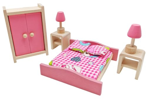 Wooden Doll House Furniture Pretend Play Bedroom Furniture for Kids Childs Gifts Family(Bedroom)