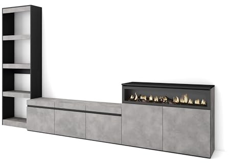 Skraut Home | Mobile Soggiorno TV | Parete Attrezzata Soggiorno | 310x186x35cm | Per TV fino a 65 | Camino elettrico | Stile moderno | Cemento
