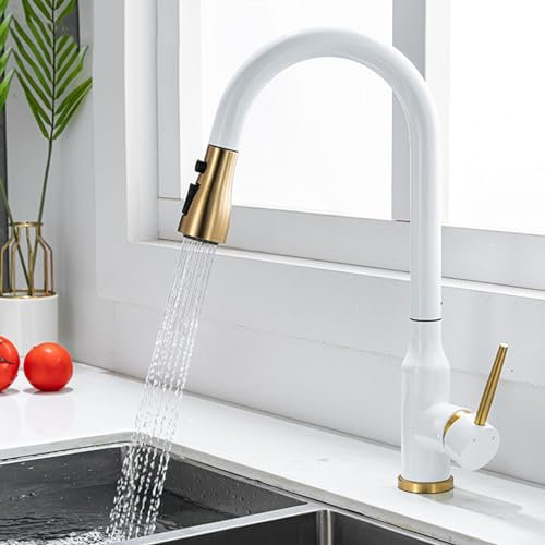 Mischbatterie Küche Ausziehbar mit Brause Edelstahl Wasser Kalt und Heiß Dual Modus 360° Schwenkbar Spülarmaturen Küche Ausziehbar-Weiß+Gold