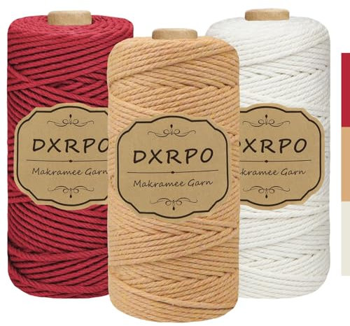 DXRPO Premium Makramee Garn Set, 3 Stück 3mm x 100m Macrame Cord,Baumwollgarn Macrame Garn für DIY Handwerk, Hängepflanzen,Weihnachten,Boho Deko(Natur, Braun, Dunkelrot)