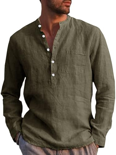 Runcati Camicia da uomo in lino, a maniche lunghe, in cotone, per il tempo libero, vestibilità normale, da spiaggia, verde militare, XL