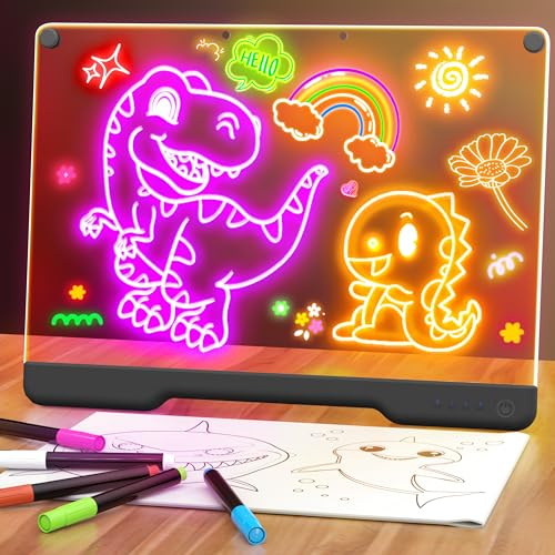 Lavagna Luminosa LED per Disegnare, 35 x 25cm Lavagnetta Ricalcare Ricaricabile con 7 Modalità di Colore, Giocattolo Creativo Regalo per Bambine/Bambini, 5 Pennarelli e Libro di Riferimento - Nero
