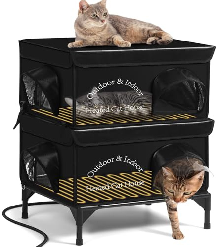 Yeatruojeet 2 Story Heated Cat House for Outside, 100% Waterproof, Safe Escape Door, Elevated Base, Weatherproof Insulated Shelter for Stray Feral Barn Cat