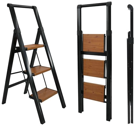 UZIRO Escaleras Plegables 3 Peldaños, Escalera de Aluminio 3 Peldaños Anchos, Sistema Antodeslizante, Muy Liviana y Facil de Guadar